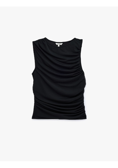 Koton Skinny Fit Bisiklet Yaka Drapeli Kolsuz Tül Bluz Siyah 6sak10413ek