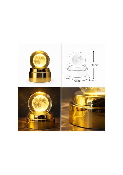 Deinhaus Kristal Küre Ay Lambası, Altın Renkli Taban, Led Işıklı, Masa Lambası, 15 Cm, Sıcak Beyaz Işık Diğer