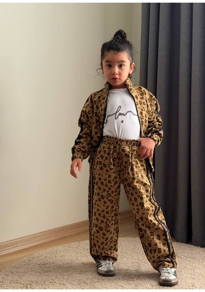 Toikids Kız Çocuk Gabardın Kumaş,leopar Şerit Detaylı 3lü Takım Kahverengi