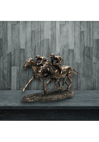 Veronese Bronz Renk Yarışan Atlı Jokey At Figürü 32cm