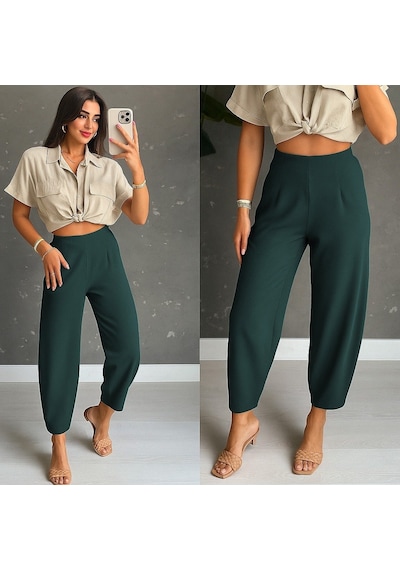 Tua Moda Kadın Yüksek Bel Krep Pantolon Yeşil