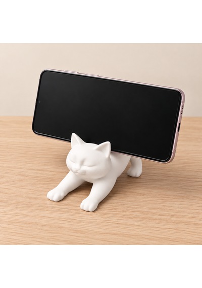 Kedi Figürlü Telefon Standı Beyaz Dekoratif Masaüstü Telefon Tutucu