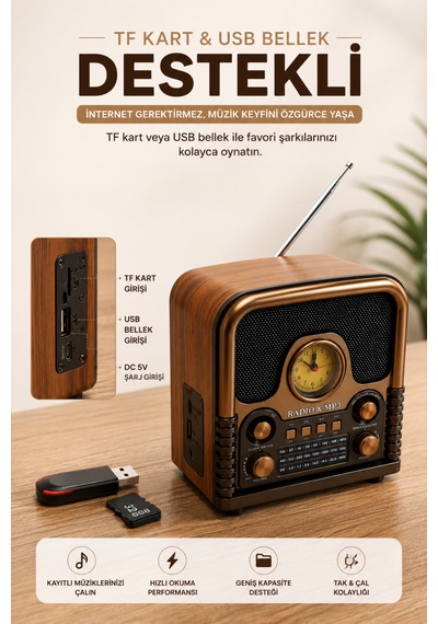 Retro Bluetooth Hoparlör Radyo Fm Am Sw Radyo Bluetooth 5.0 Tf Kart Usb Destekli Ahşap Nostaljik Tasarım Taşınabilir Kablosuz Speaker