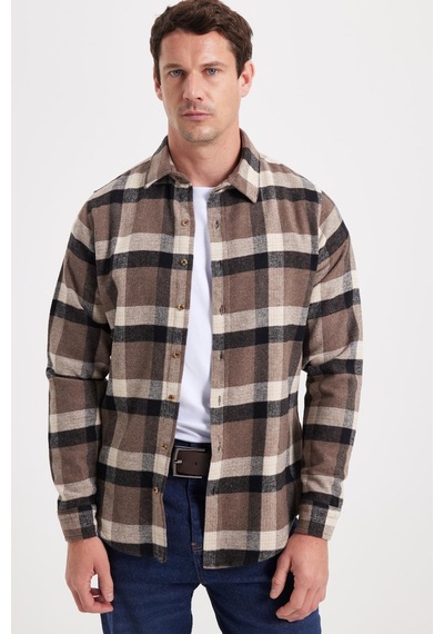 Tudors Erkek Slim Fit Dar Kesim Kareli Kışlık Oduncu Gömlek-42350 Kahverengi