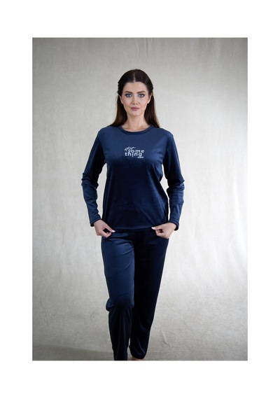 Estiva Kadın Something Yazılı Kadife Pijama Takımı Lacivert