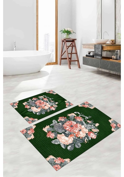 Buççin Online Mağaza Dijital Baskılı Yıkanabilir Kaymaz Taban Çiçek Detaylı Banyo Paspası Klozet Takımı Polyester Yeşil Çok Renkli