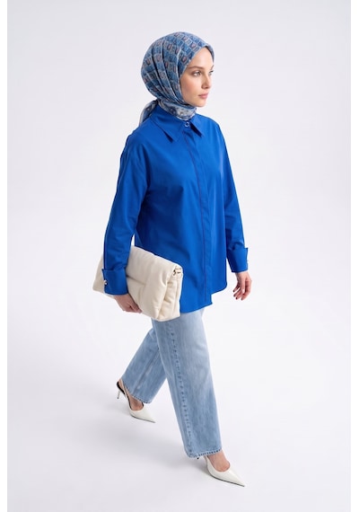 Armine Trend Klasik Yaka Gizli Patlı Oversize Gömlek İndigo 26yt304