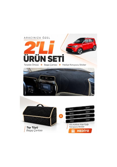 E-biz Kia Soul 2014-2019 Uyumlu Torpido Örtüsü + Tay Tüyü Bagaj Çantası Seti - Siyah-bej - Kı021