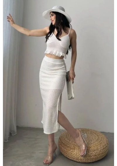 Tane Tasarım Askılı Fırfırlı Crop Bluz Fileli Etek Yazlık Triko Alt Üst Takım Beyaz Beyaz