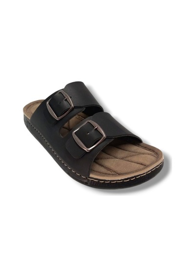 1055-4-25 Deri Anatomik Çift Bantlı Soft Erkek Terlik 45-47 Siyah