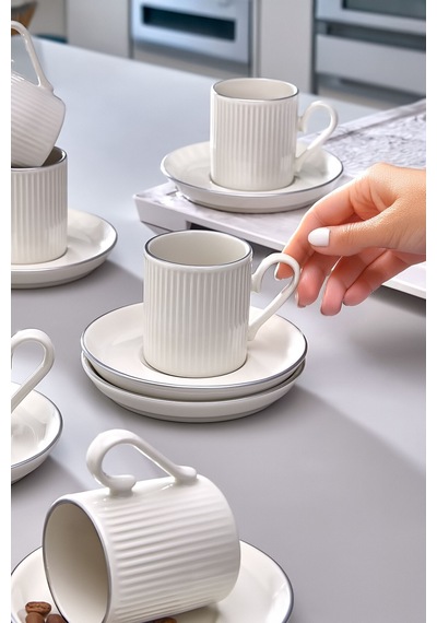 4 Parça 2 Kişilik Stackable Çizgili Gümüş Yaldızlı Kahve Fincan Takımı - Kahve Fincanı Seti 100ml Beyaz