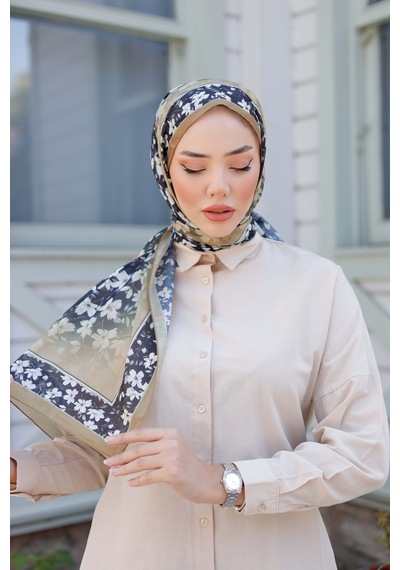 Mimiyum Lemon Flower Nayf İpek Şal - Siyah - Kahverengi