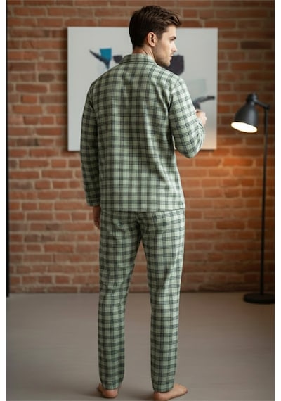 Siyah İnci Erkek Ekoseli %100 Pamuklu Örme Düğmeli Pijama Takım 7985 Yeşil Ekose