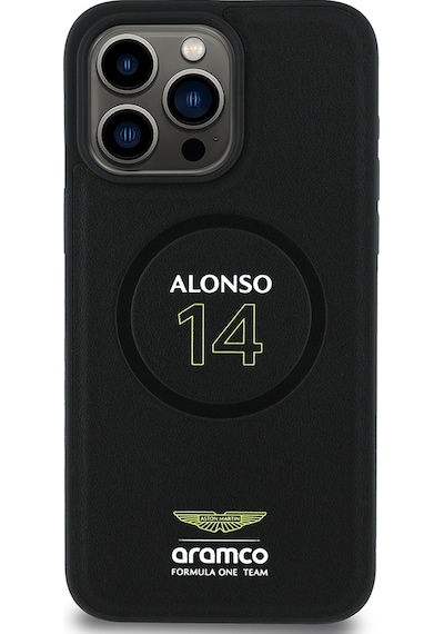 Apple Uyumlu iPhone 15 Pro Max Kılıf Aston Martin Lisanslı Magsafe Pu Deri Alonso 14 Baskılı Kapak Siyah