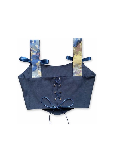 L'aura Corset Mavi Çiçek Desenli Çift Taraflı Bayan Korse