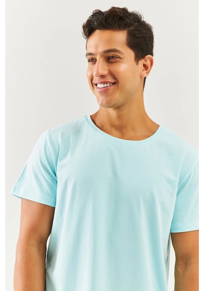 Erkek Oversize Rahat %100 Pamuklu Penye Bisiklet Yaka Kısa Kol Basic T-shirt Buz Mavisi