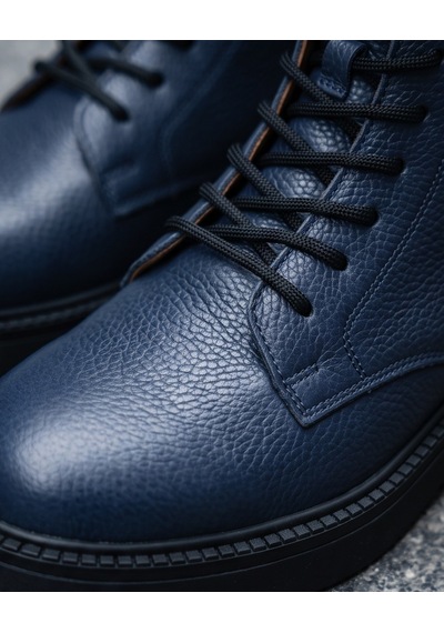 Futsishoes Ravenna Lacivert Hakiki Deri Bağcıklı Kalın Taban Topuklu Postal Kadın Bot