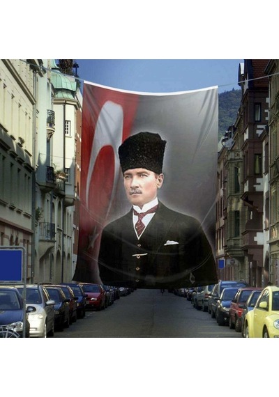 Ay Yıldız Bayrağı - Kalpaklı Sivil Mustafa Kemal Atatürk Dış Cephe Poster Bayrağı - 6x9 Metre 1