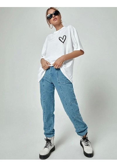 Wear Vexel Kadın Tişort Kalp Baskılı Bisiklet Yaka Kısa Kol T-shirt - Beyaz Beyaz