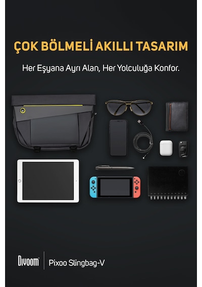 Divoom Pixoo Slingbag-v Siyah Ledli Ekran App Kontrollü Postacı Çantası-su Geçirmez Siyah