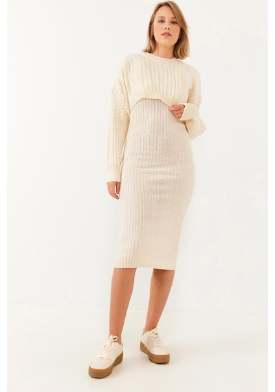 Shade Kadın Crop Triko Kazak Elbise Alt Üst Takım 60251816 - Bej