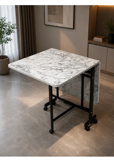 Teknor Kelebek Katlanır Ahşap Masa Mermer Desenli 60x120 Beyaz