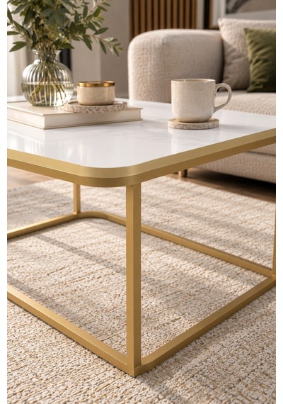 Sulorahome Beyaz Kare Orta Sehpa Gold Metal Ayaklı Beyaz - Altın