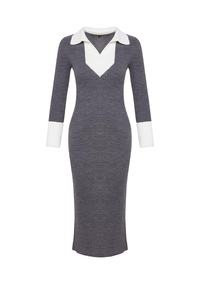 Ersefa Moda Slim Casual Günlük Fitilli Triko Polo Yaka Uzun Kol Bodycone Antrasit