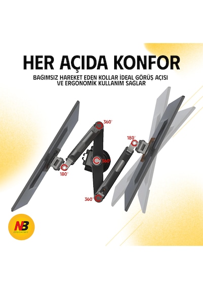 North Bayou Nb-h180 Çift Kollu Amortisörlü Monitör Standı 22"-32" / Kol Başı 12 Kg - 360 Hareketli Profesyonel Ağır Hizmet Masa Askı Aparatı
