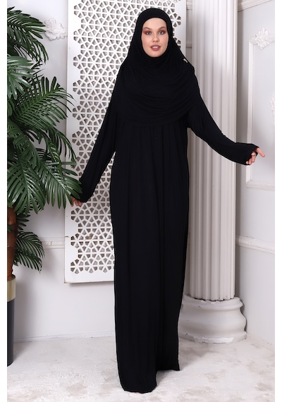 Tek Parça Pratik Başörtülü Robalı Namaz Elbisesi 8015 Siyah