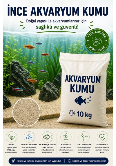 Doğal Akvaryum Kumu Açık Bej 10 Kg İnce Taneli Elenmiş Tozdan Arındırılmış Fırında Kurutulmuş