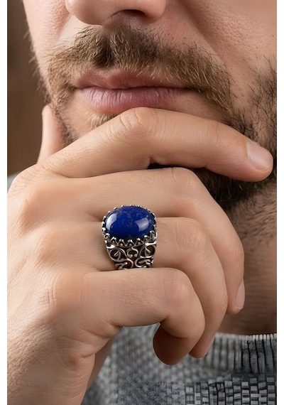 Kadim Model El İşi Lapis Lazuli Taşlı Gümüş Yüzük 18 Gümüş