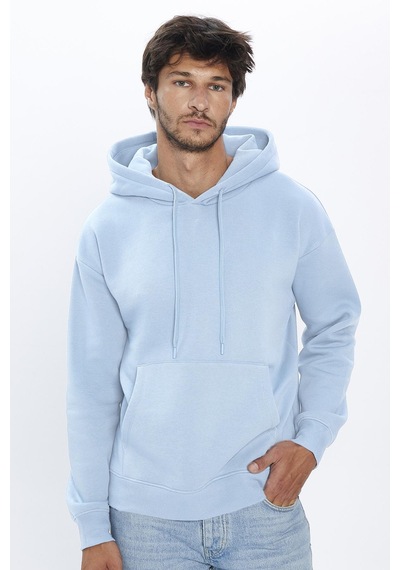Tudors Unisex Oversize Geniş Kesim Pamuklu Yumuşak Dokulu İçi Polarlı Basic Mavi Kapüşonlu Sweatshirt-31462-mavi Mavi