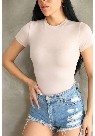 Moda Banuş Premıum Kalite Bej Esnek Buzzy Kumaş Bisiklet Yaka Kısa Kol Basic Body