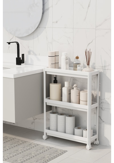 Mithra Life 3 Katlı Tekerlekli Slim İnce Beyaz Banyo Mutfak Rafı Mıt1125 Beyaz