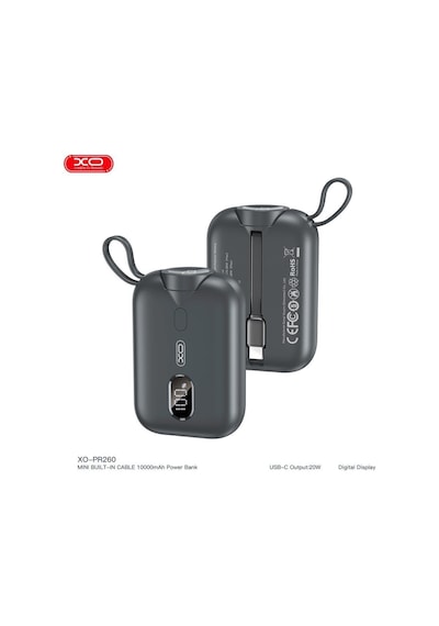 10000mah 20w Pd Hızlı Şarjlı Ve Dahili Type-c Kablolu Dijital Ekranlı Taşınabilir Powerbank Siyah