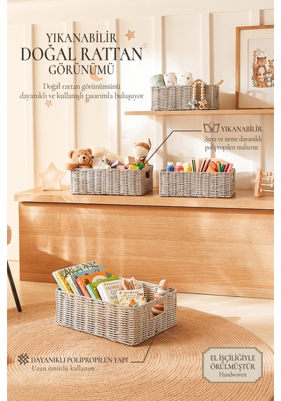 Ocean Home Textile 4'lü Çocuk Odası Yıkanabilir Gri Pp Rattan Sepet Set 30 X 20 X 11 / 33 X 23 X 11 / 36 X 26 X 12 / 39 X 29 X 13 Cm