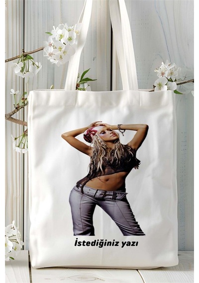 Art Hediye Christina Aguilera Baskılı Bez Çanta Kişiye Özel Model 2 Çok Renkli
