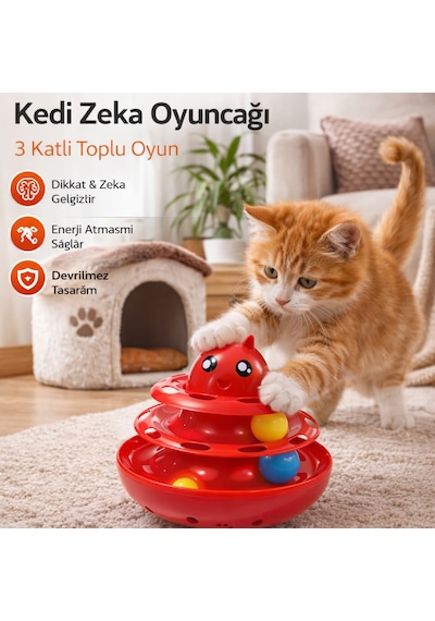 Hacıyatmaz Kedi Oyuncağı 3 Katlı Toplu Zeka Oyuncağı 20x21 Cm Devrilmez Interaktif Mama Oyuncağı