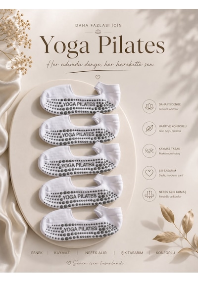Çorap Vitrini 5'li Paket Kaymaz Taban Pilates Çorabı - Beyaz Patik Yoga Spor Çorabı