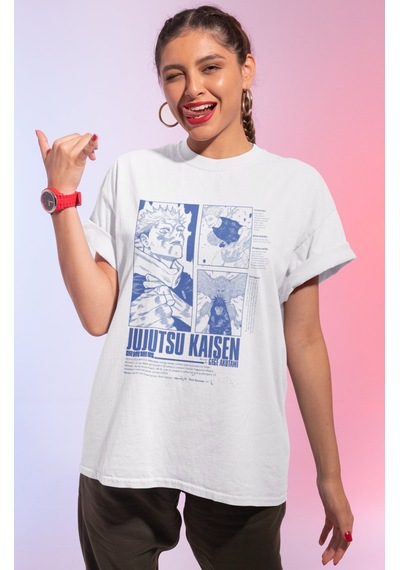 Jujutsu Kaisen Gege Akutami Baskılı Unisex Oversize Anime Tişört Beyaz