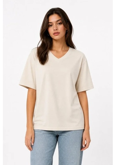 Defymoda V Yaka Basic Tişört Kısa Kol Yazlık Regular Fit T-shirt - Bej