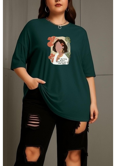 Büyük Beden Renkli Kadın Baskılı Unisex Tişört Yeşil