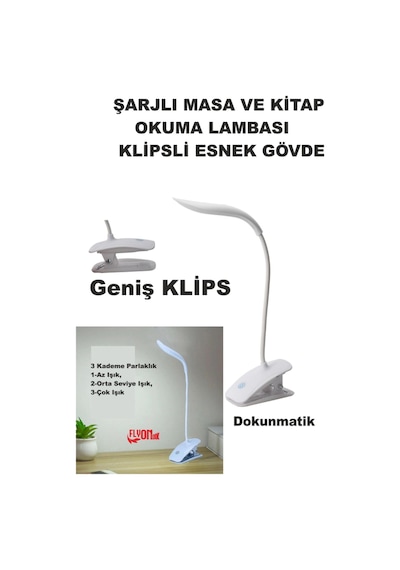 Şarj Edilebilir Klipsli Kitap Okuma Işığı 14 Led Kitap Arası Okuma 3 Modlu Işık Mandallı Lamba Masa Beyaz
