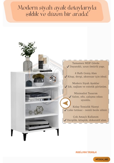 Tamamı Mdf 4 Raflı Siyah Ayaklı Modern Dergilik/kitaplık