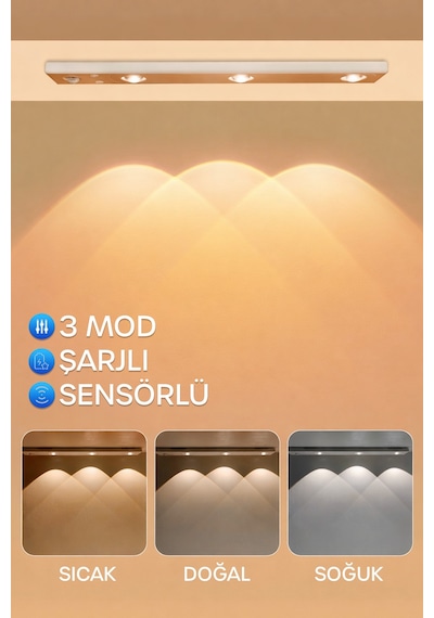 Mutfak Tezgah Altı Şarjlı Hareket Sensörlü Cabinet Dolap Işığı Çekmece İçi Koridor Lambası 40 Cm 03