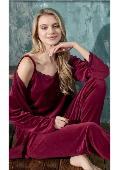Cotonhause Kadın 3'lü Kadife Bordo Pijama Takımı C1t3n402-1 001