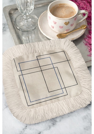 Geometrik Modern Saçaklı Sunum Peçetesi - Minimal Çizgiler Modern Bej Mavi Kahve Yanı Sunum Mendili Çok Renkli
