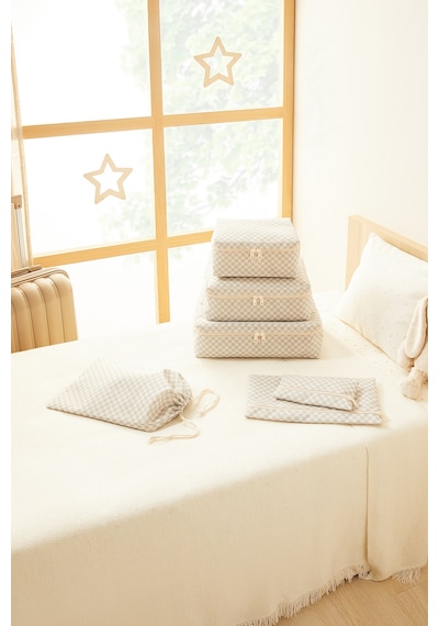Ocean Home Textile 6'lı Yıkanabilir Gri Dama Desen Pamuklu Bavul İçi Düzenleyici Set Gri