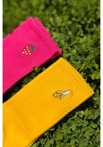 Lousocks Unisex Çilek Ve Muz Nakışlı 2'li Tenis Spor Çorap Çok Renkli
